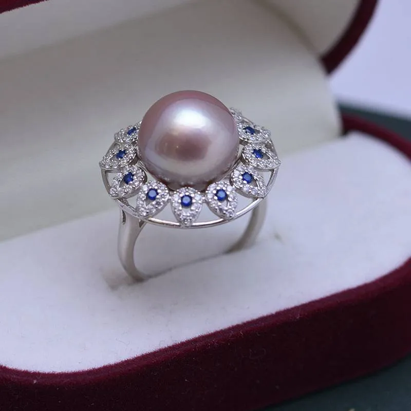 13-14mm Freshwater Pearl & Blue Gem Luxury Ring