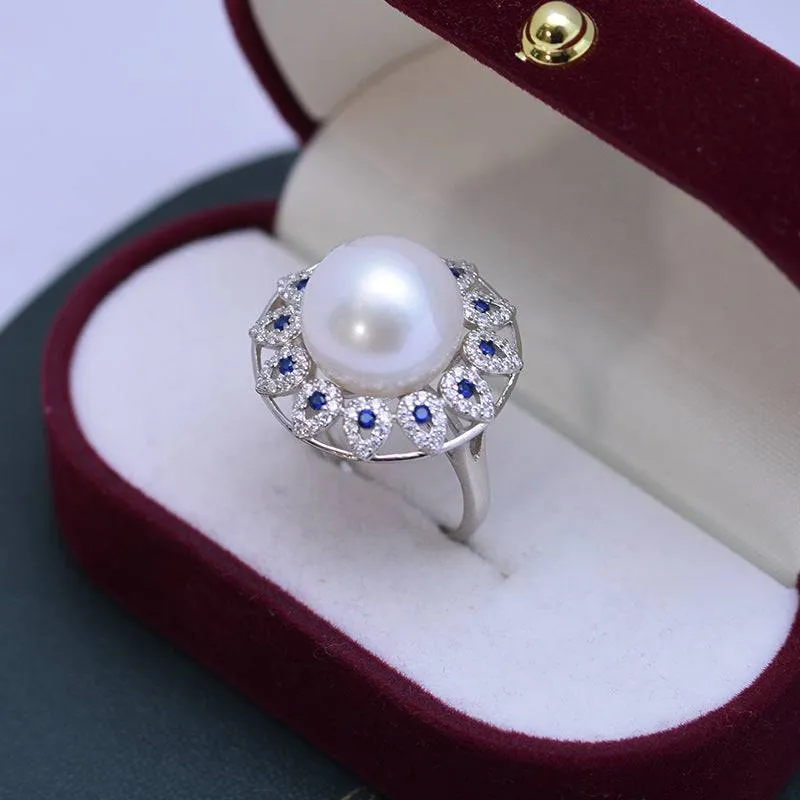 13-14mm Freshwater Pearl & Blue Gem Luxury Ring