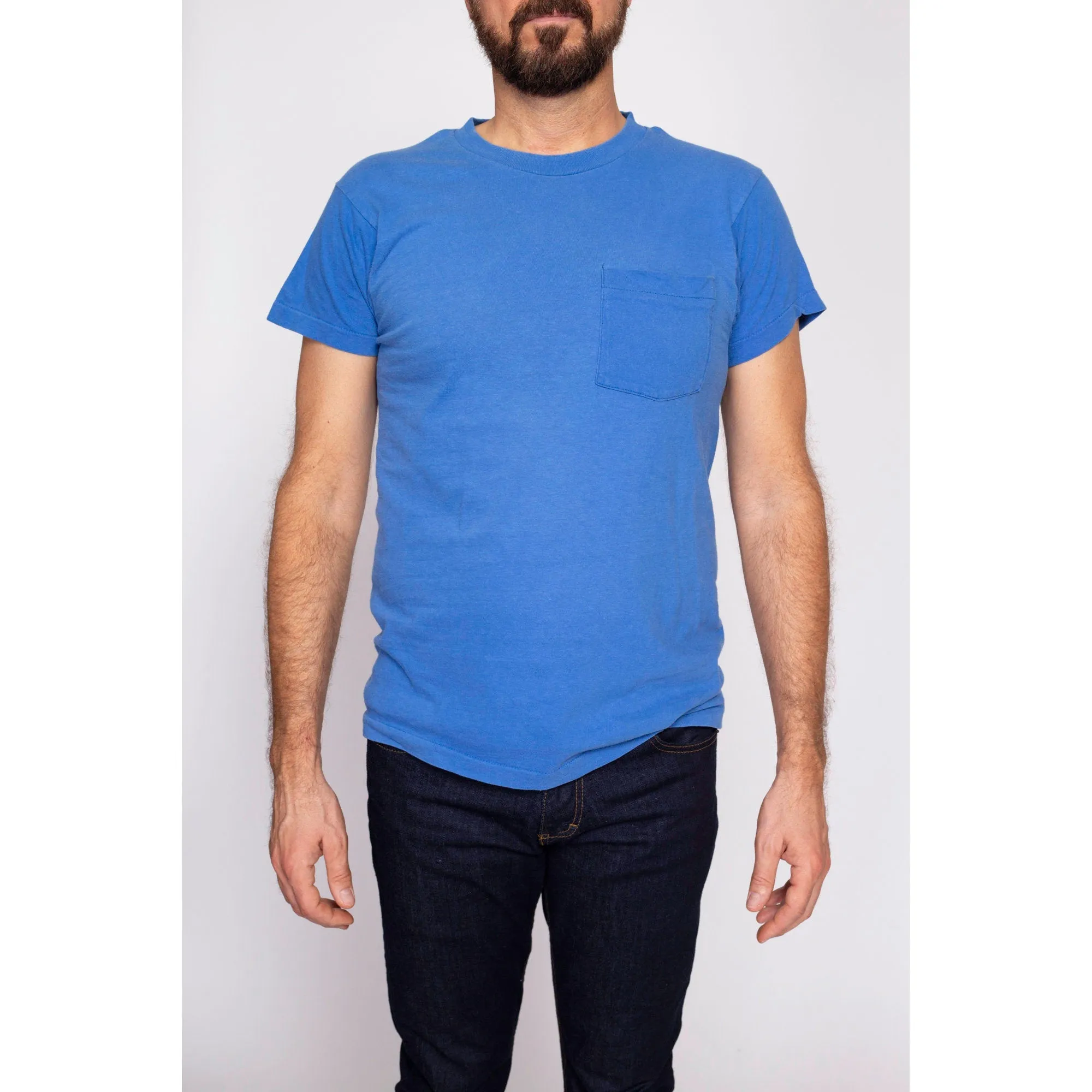 80s Plain Blue Pocket Tee - Men's Medium