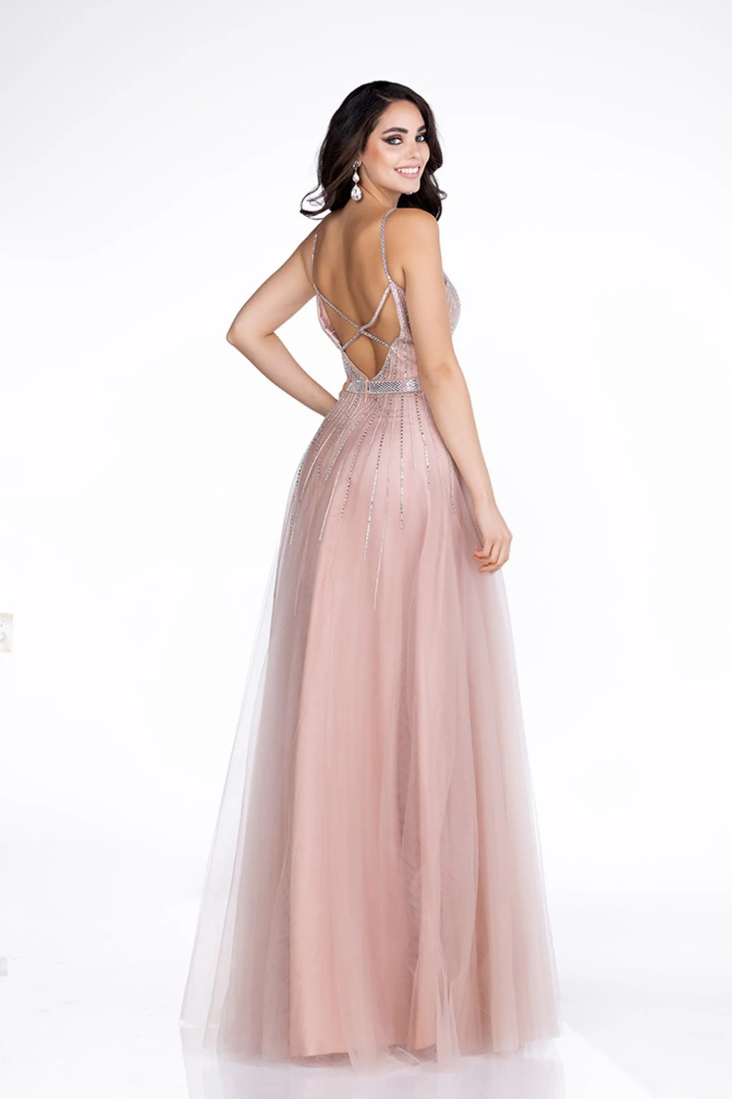 Abby Paris by Lucci Lu 90083 Sparkling Tulle Slim A-Line Dress - Blush or Champagne