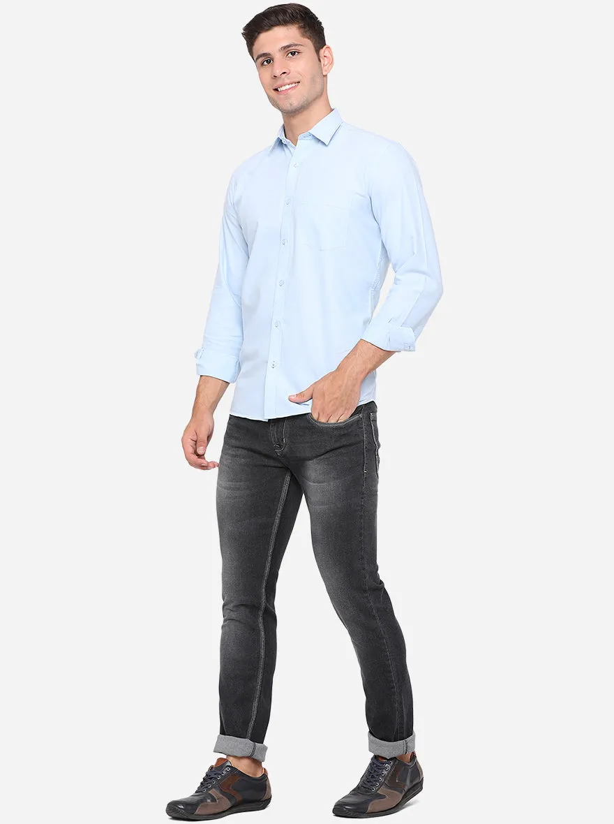 Aquamarine Blue Solid Slim Fit Casual Shirt | Greenfibre