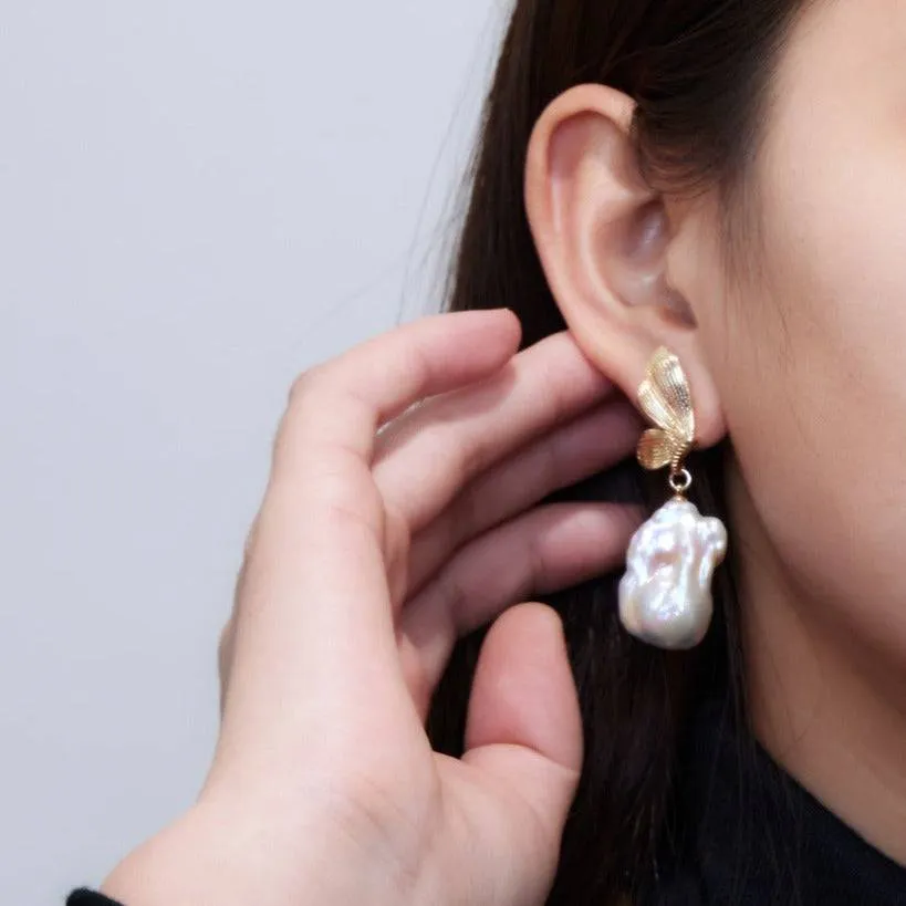 Butterfly Luxe White Freshwater Extra Large Baroque Pearl Earrings Sterling Silver