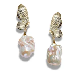 Butterfly Luxe White Freshwater Extra Large Baroque Pearl Earrings Sterling Silver