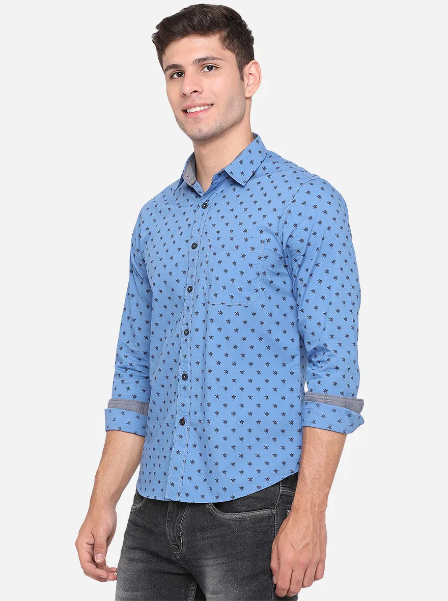 Campanula Blue Printed Slim Fit Semi Casual Shirt | Greenfibre