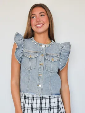 Denim Rhinestone Ruffle Vest