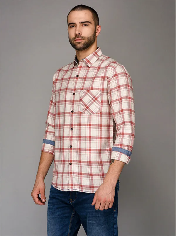 Greenfibre White & Pink Checked Slim Fit Casual Shirt