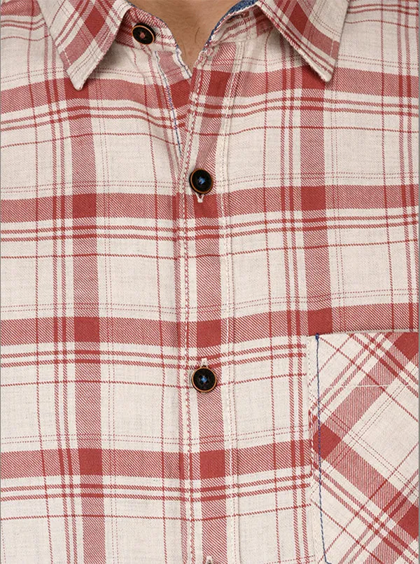 Greenfibre White & Pink Checked Slim Fit Casual Shirt