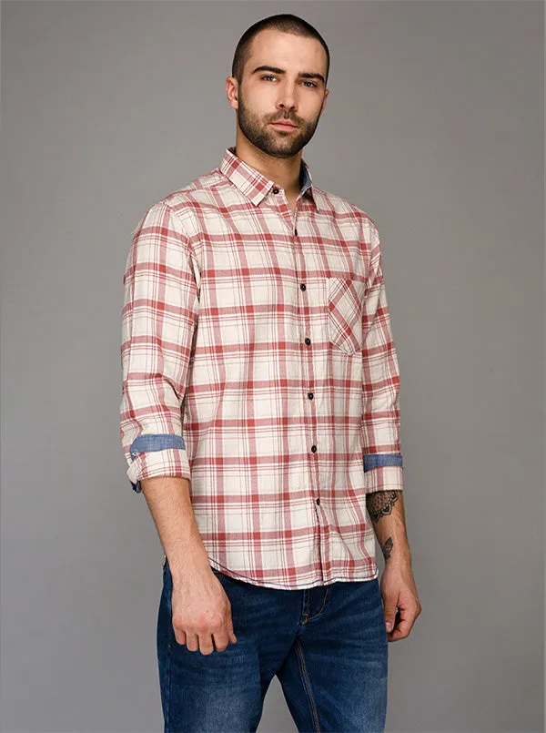 Greenfibre White & Pink Checked Slim Fit Casual Shirt