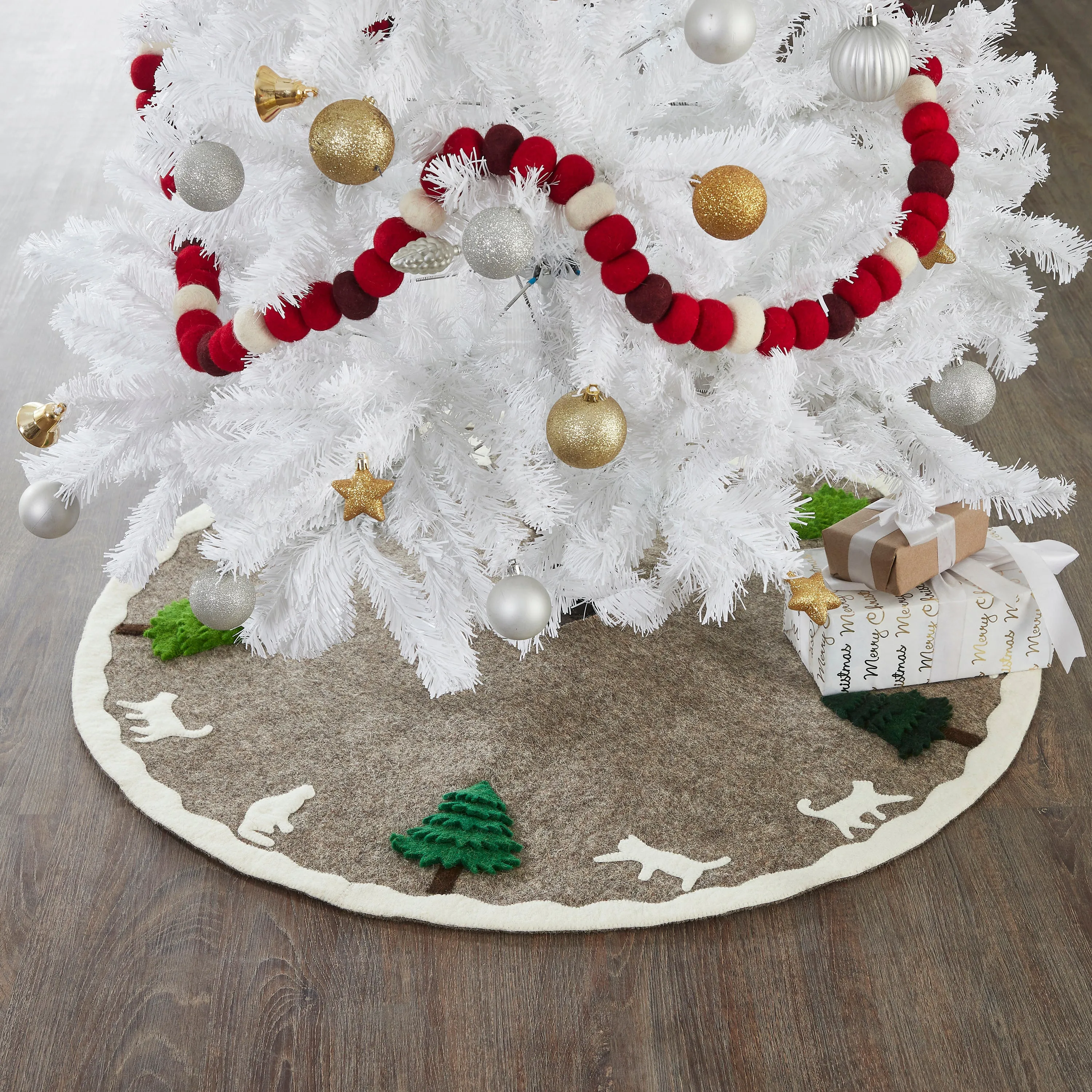Handmade Felted Grey Christmas Tree Skirt - 36", Cream Cats & Green Trees T1CAT36