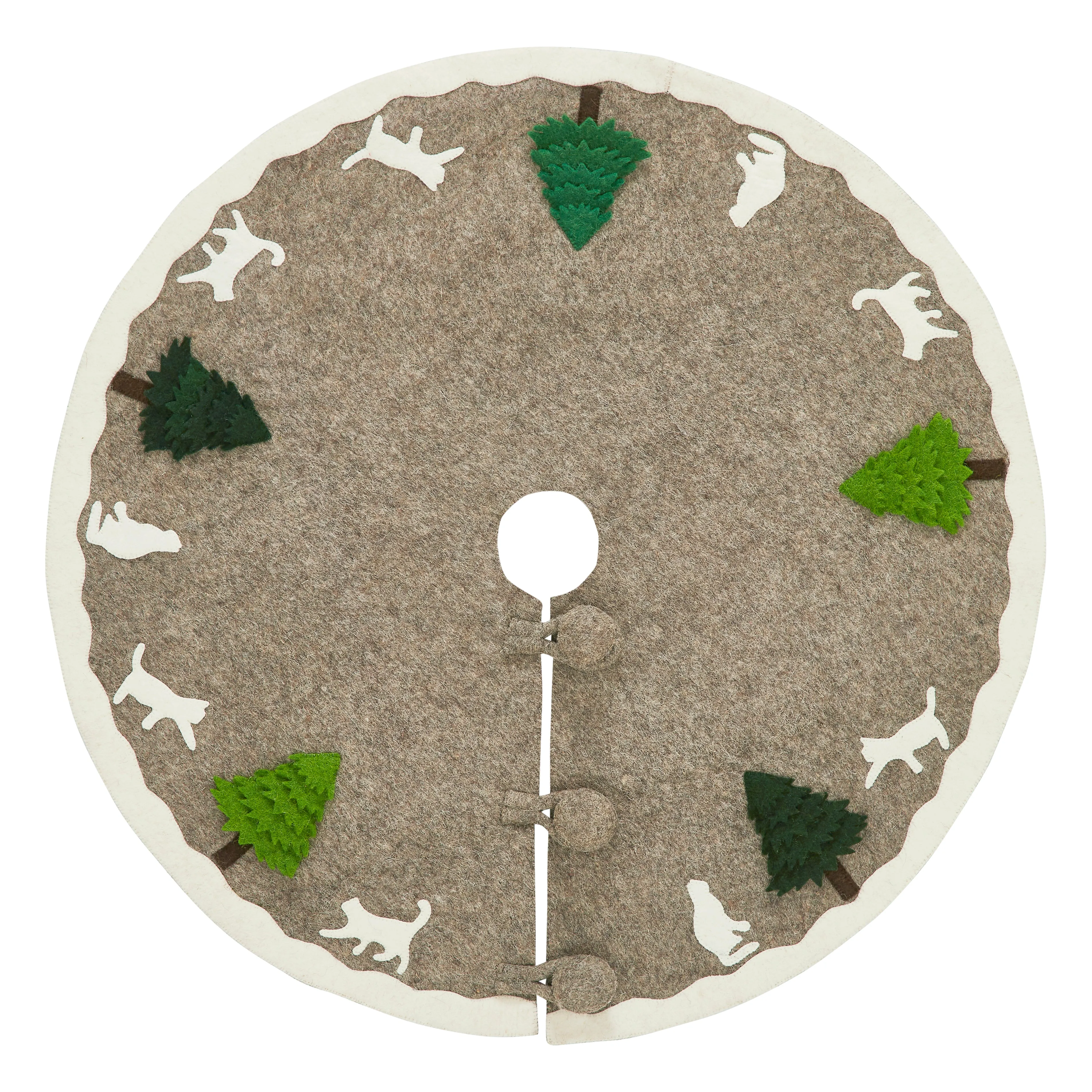 Handmade Felted Grey Christmas Tree Skirt - 36", Cream Cats & Green Trees T1CAT36