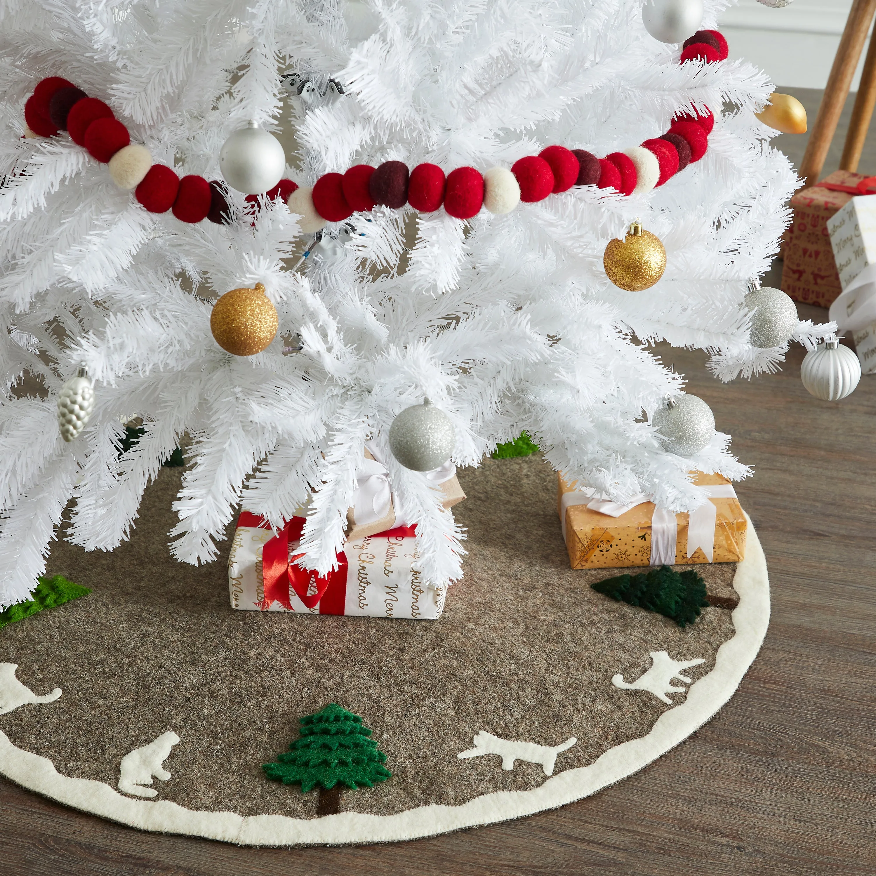 Handmade Felted Grey Christmas Tree Skirt - 36", Cream Cats & Green Trees T1CAT36