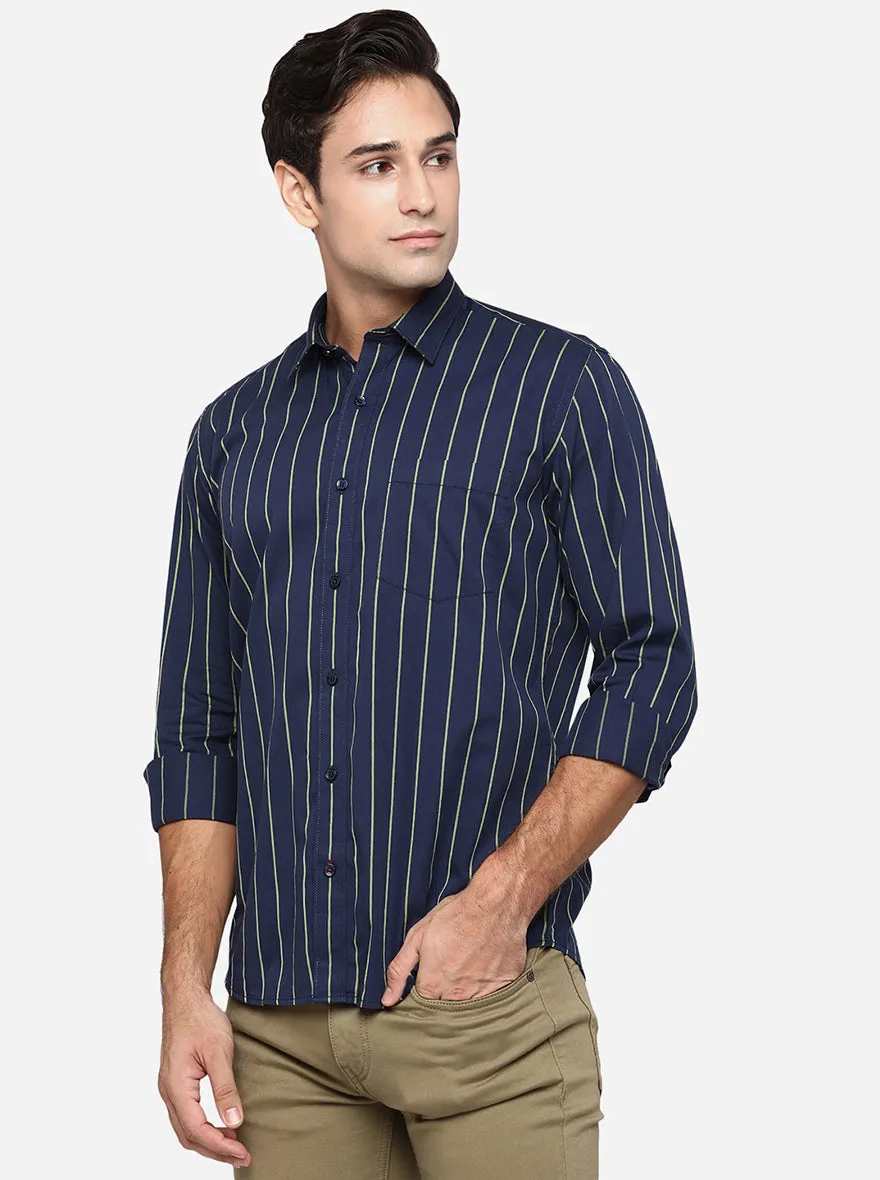Navy Blue & Olive Green Striped Slim Fit Casual Shirt | JadeBlue