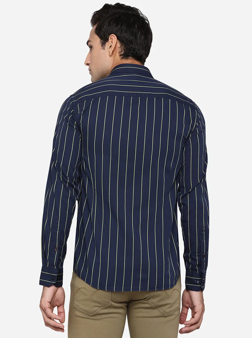 Navy Blue & Olive Green Striped Slim Fit Casual Shirt | JadeBlue