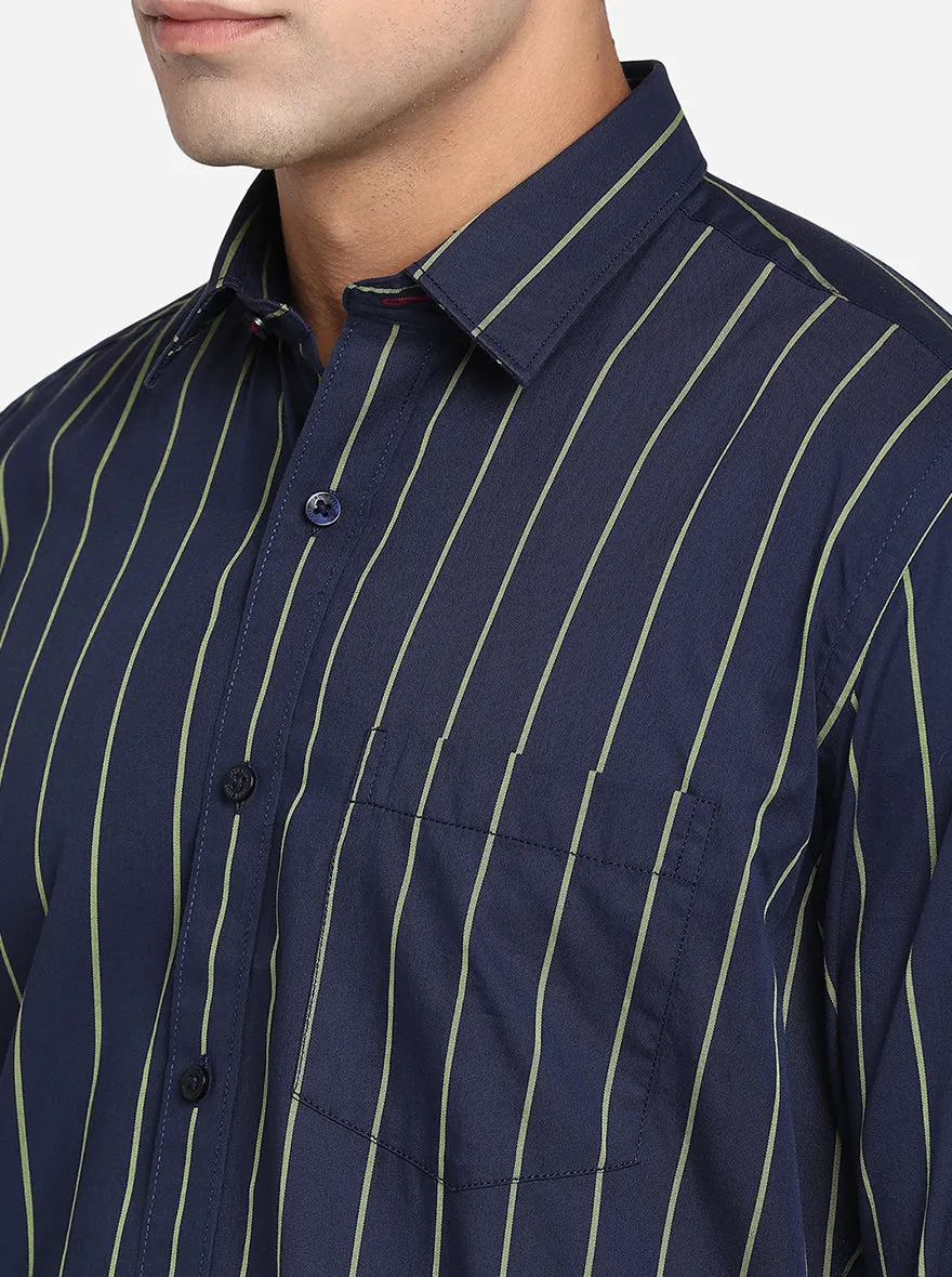 Navy Blue & Olive Green Striped Slim Fit Casual Shirt | JadeBlue