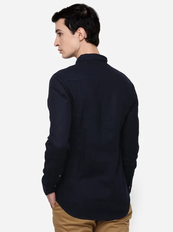 Navy Blue Slim Fit Solid Casual Shirt | JadeBlue