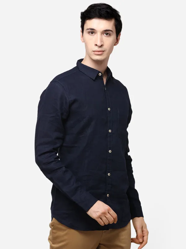 Navy Blue Slim Fit Solid Casual Shirt | JadeBlue