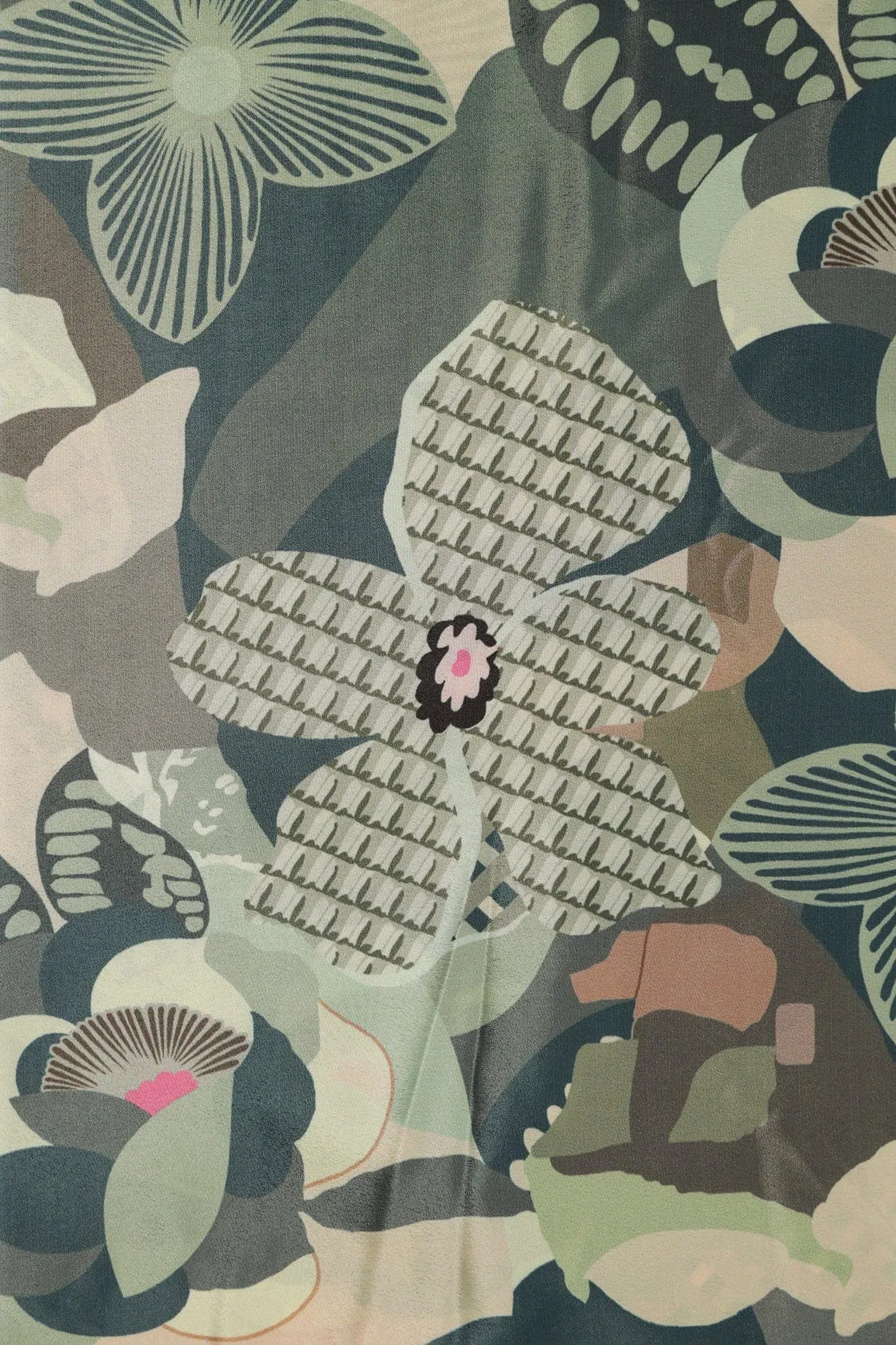 Olive And Cream Floral Pattern Digital Print On Crepe Fabric