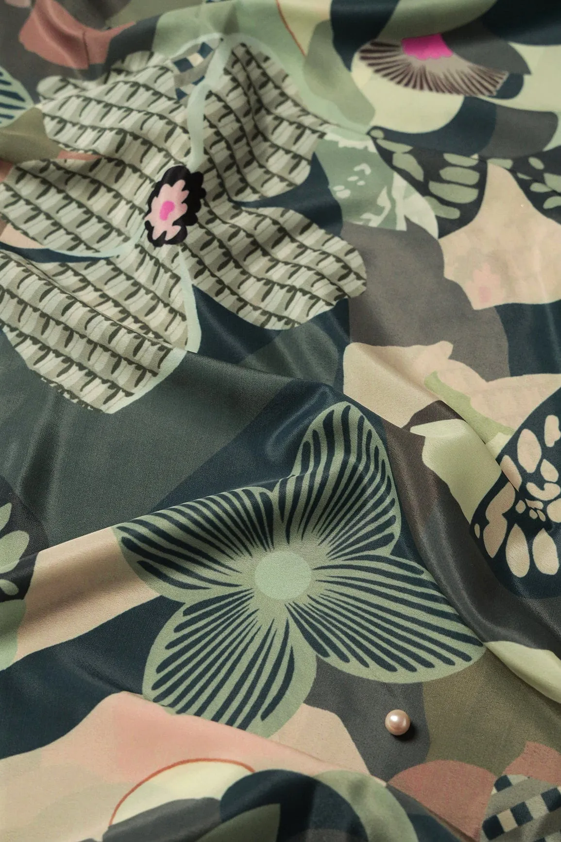 Olive And Cream Floral Pattern Digital Print On Crepe Fabric