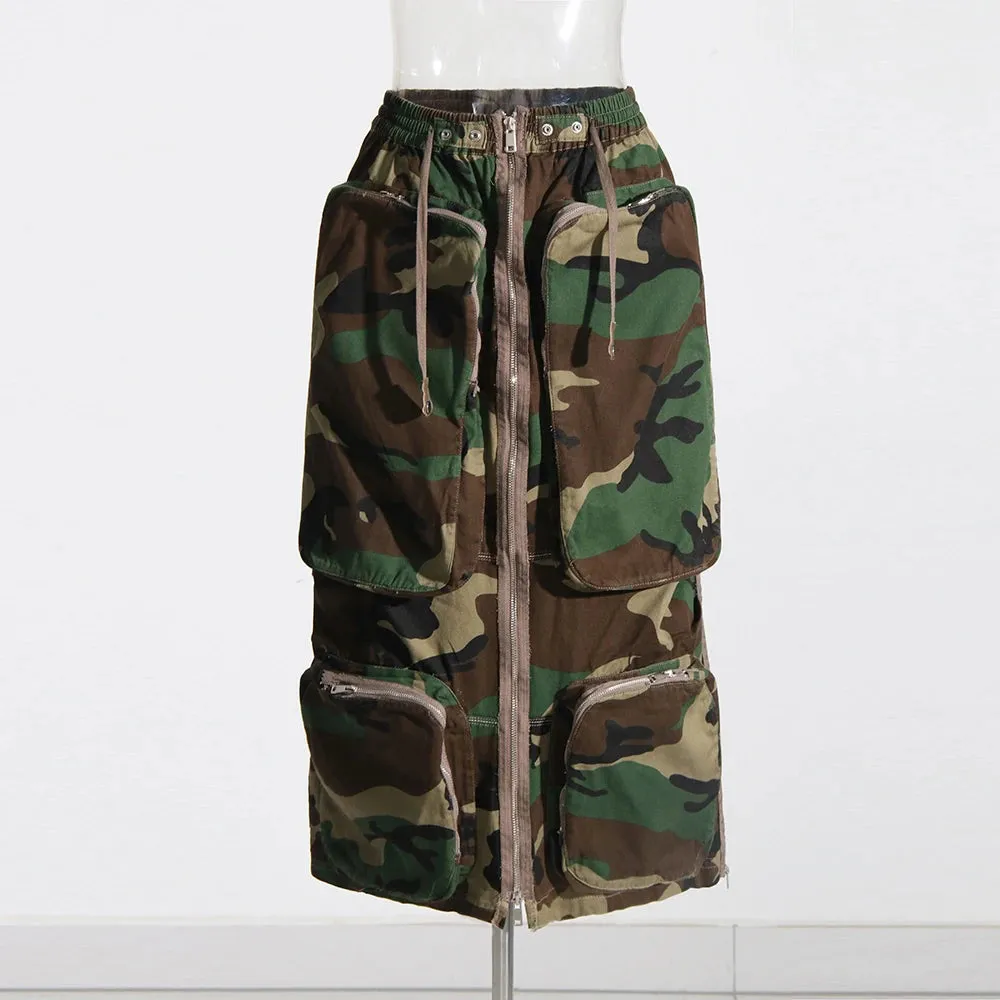 Patchwork Drawstring Skirts For Women High Waist A Line Splcied Pocket Camouflage Summer Skirt Female Fashion