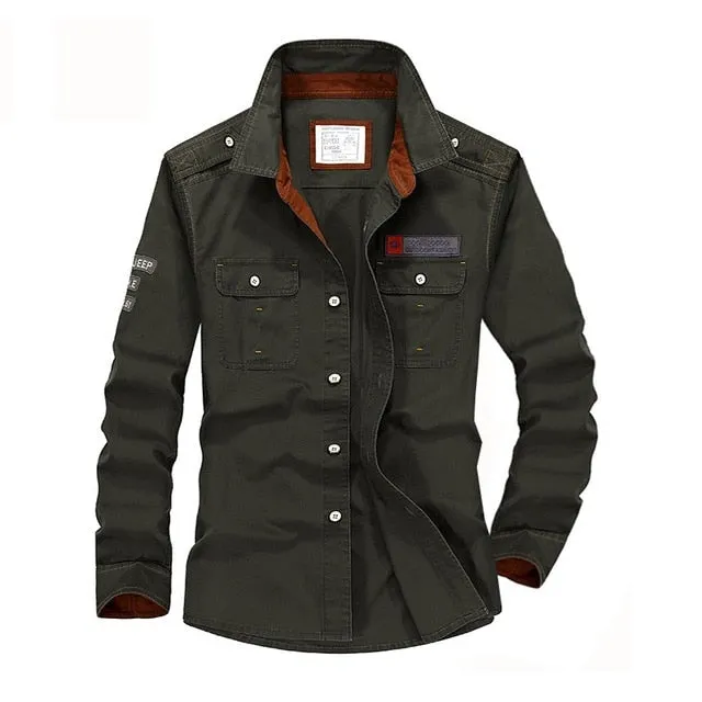 Plus Size Cotton Denim Military Casual Long Sleeve Shirt