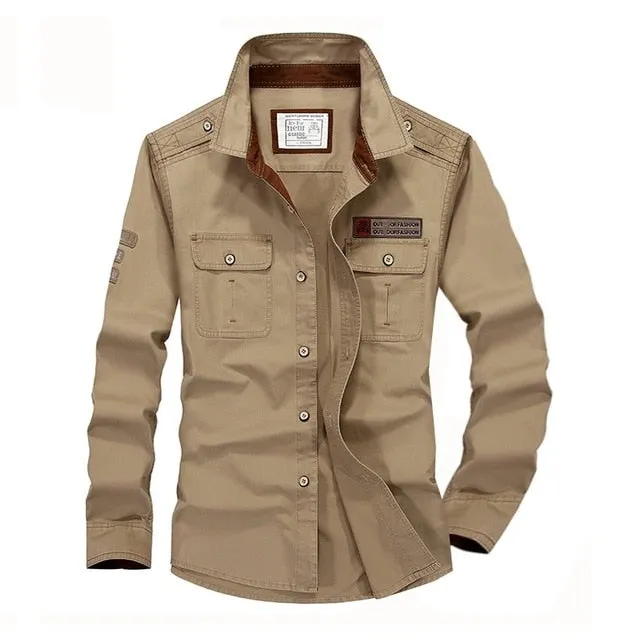 Plus Size Cotton Denim Military Casual Long Sleeve Shirt