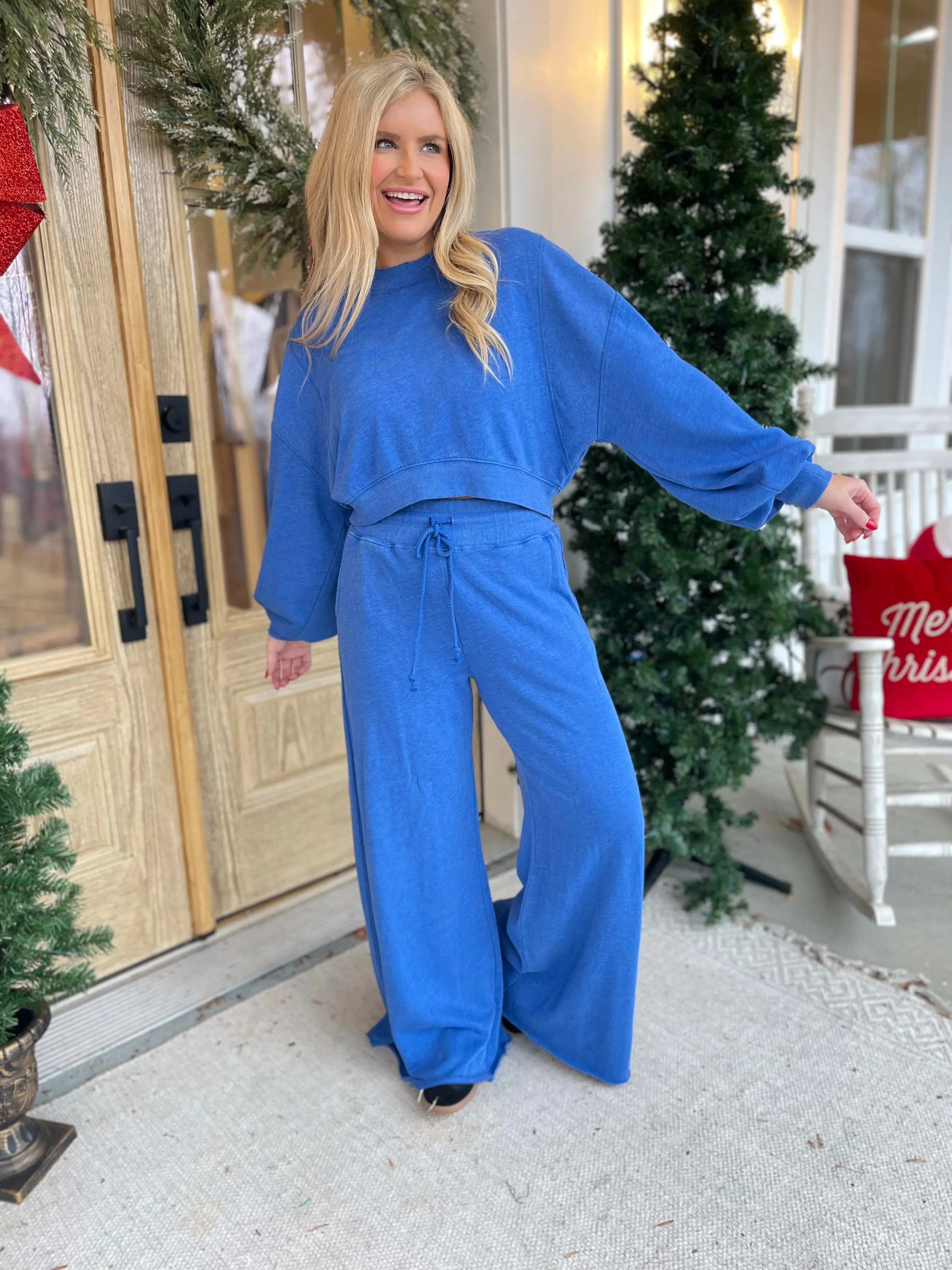 Roy Ribbed Semi-Cropped Sweatshirt and Wide Leg Sweatpant Two Piece Set