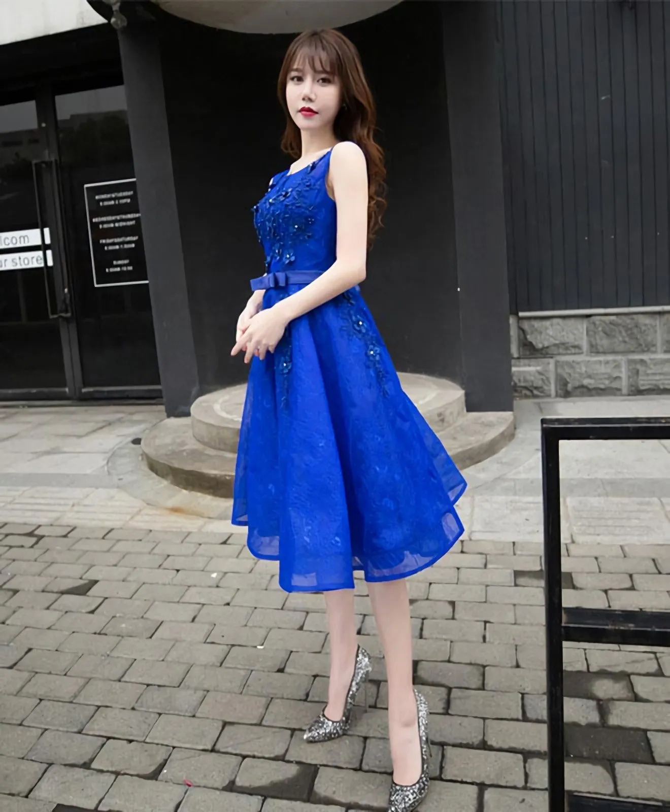 Royal Blue Lace A Line Short Prom Dress Evening Dress