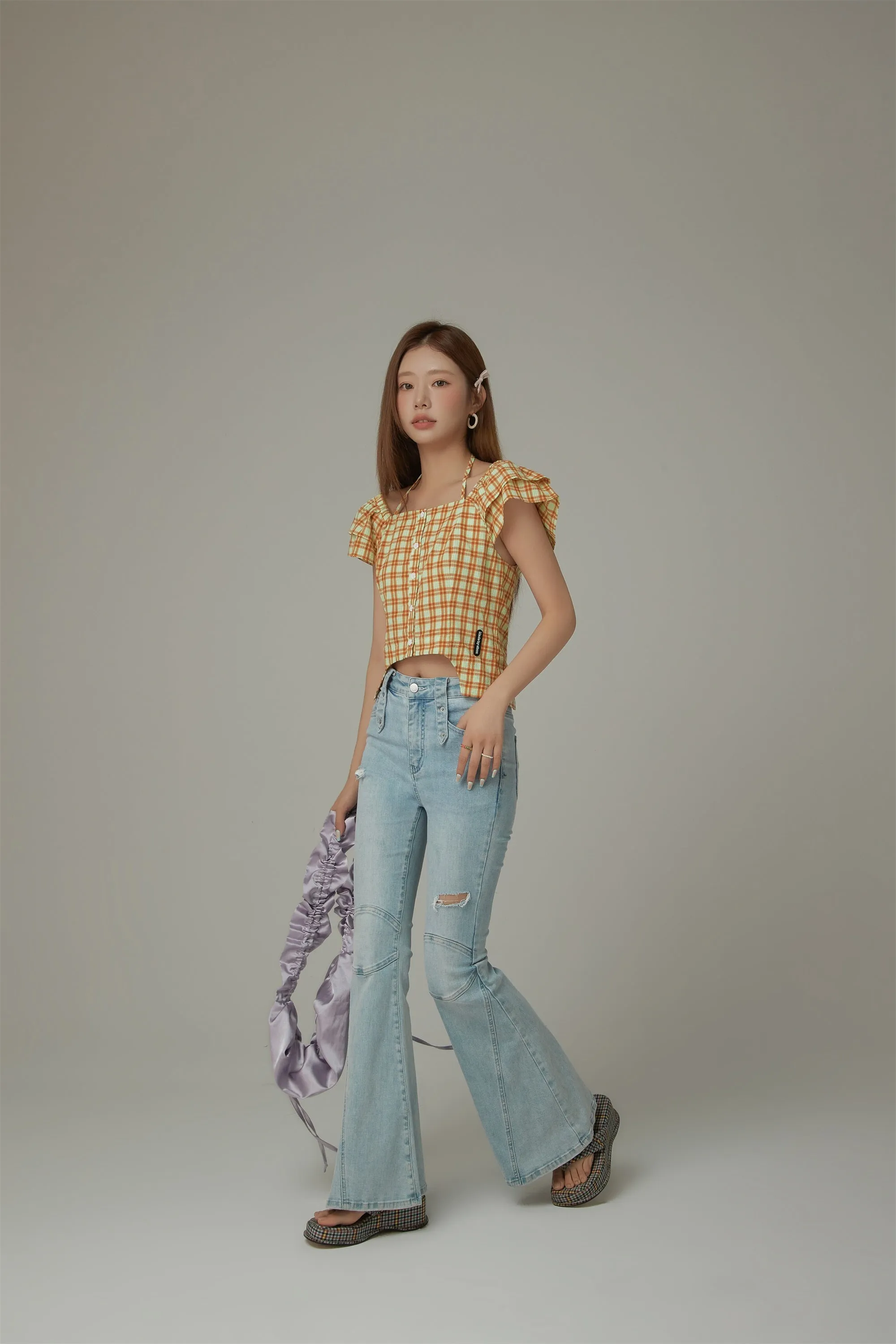 Side Garter Check Buttoned Yellow Blouse