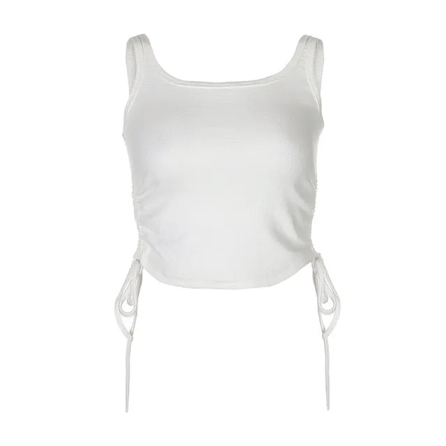 Solid Casual Women Tank Tops Clothing Sleeveless Skinny Ruched Lace Up Bralette Crop Top Summer Streetwear Blue