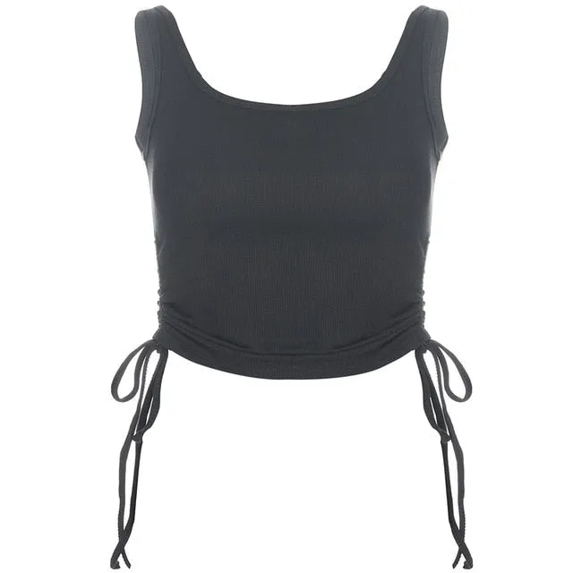 Solid Casual Women Tank Tops Clothing Sleeveless Skinny Ruched Lace Up Bralette Crop Top Summer Streetwear Blue