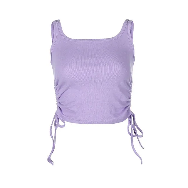 Solid Casual Women Tank Tops Clothing Sleeveless Skinny Ruched Lace Up Bralette Crop Top Summer Streetwear Blue