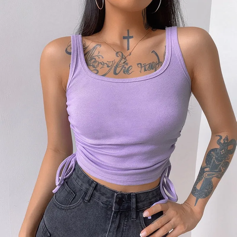 Solid Casual Women Tank Tops Clothing Sleeveless Skinny Ruched Lace Up Bralette Crop Top Summer Streetwear Blue