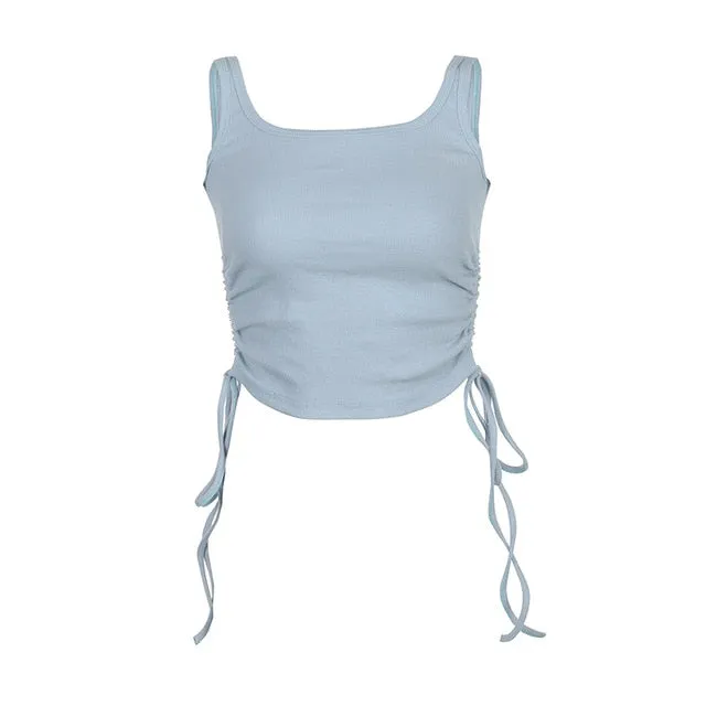Solid Casual Women Tank Tops Clothing Sleeveless Skinny Ruched Lace Up Bralette Crop Top Summer Streetwear Blue