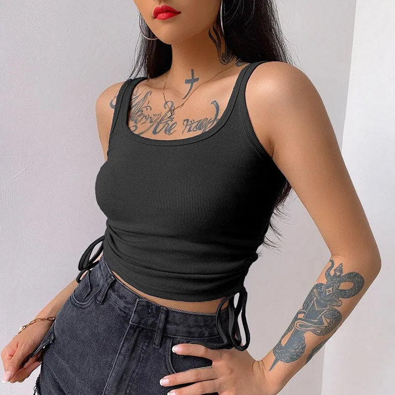Solid Casual Women Tank Tops Clothing Sleeveless Skinny Ruched Lace Up Bralette Crop Top Summer Streetwear Blue