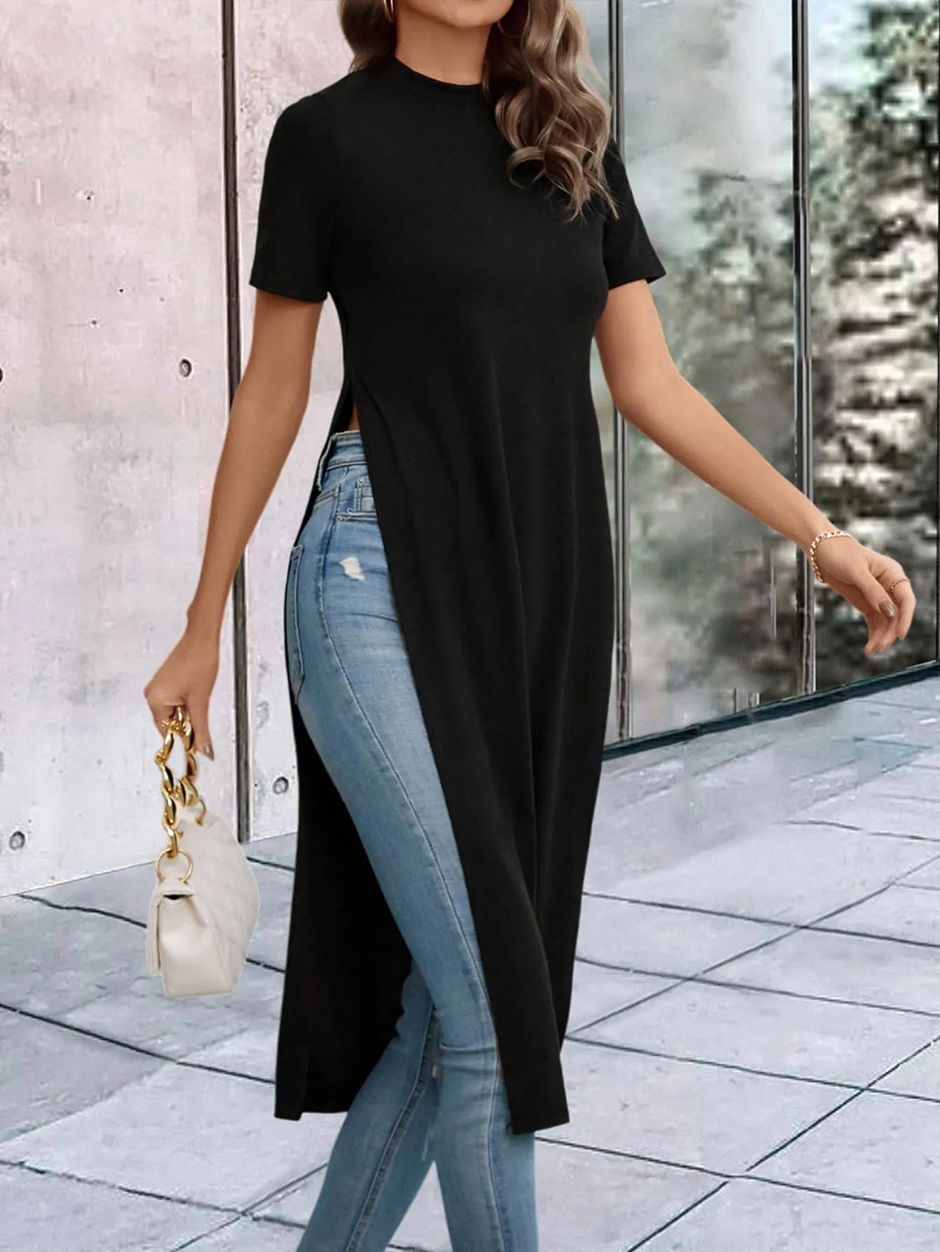 Solid Split Thigh Longline Tee
