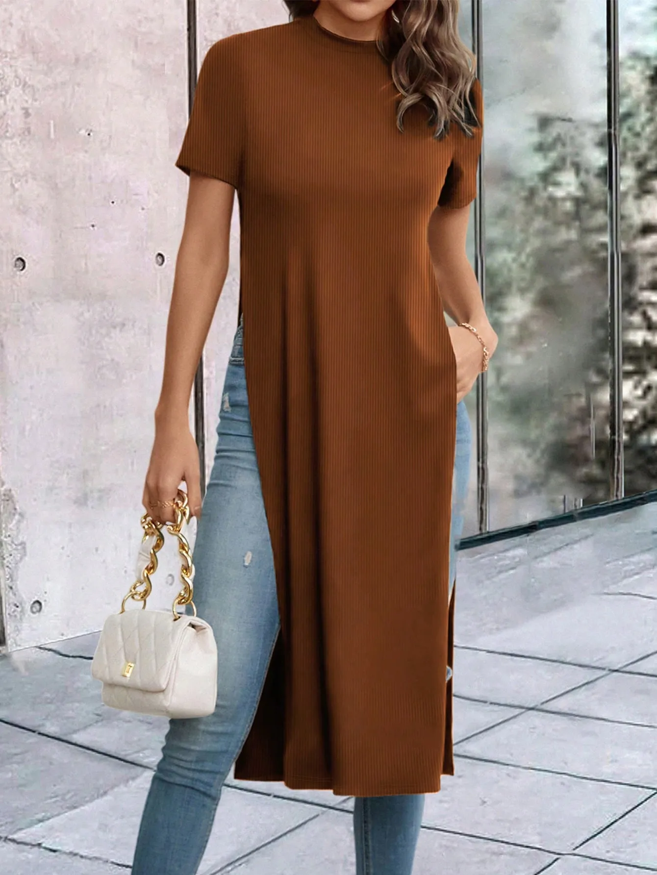Solid Split Thigh Longline Tee
