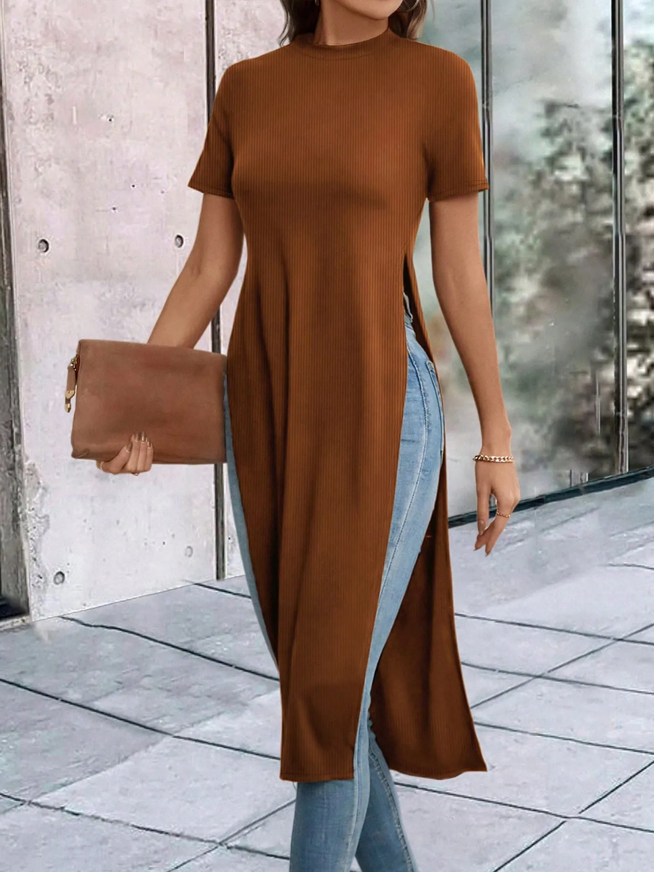 Solid Split Thigh Longline Tee