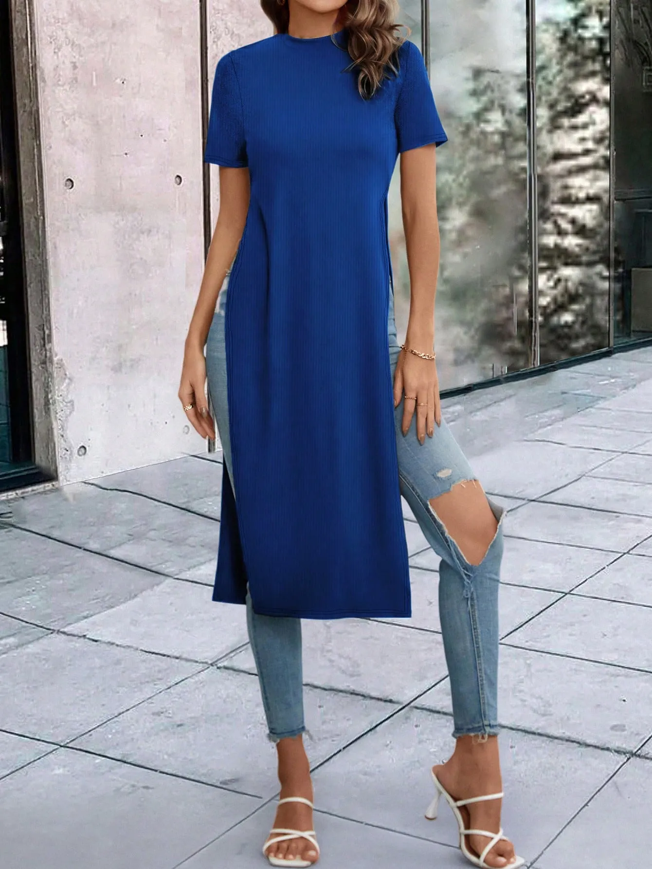 Solid Split Thigh Longline Tee