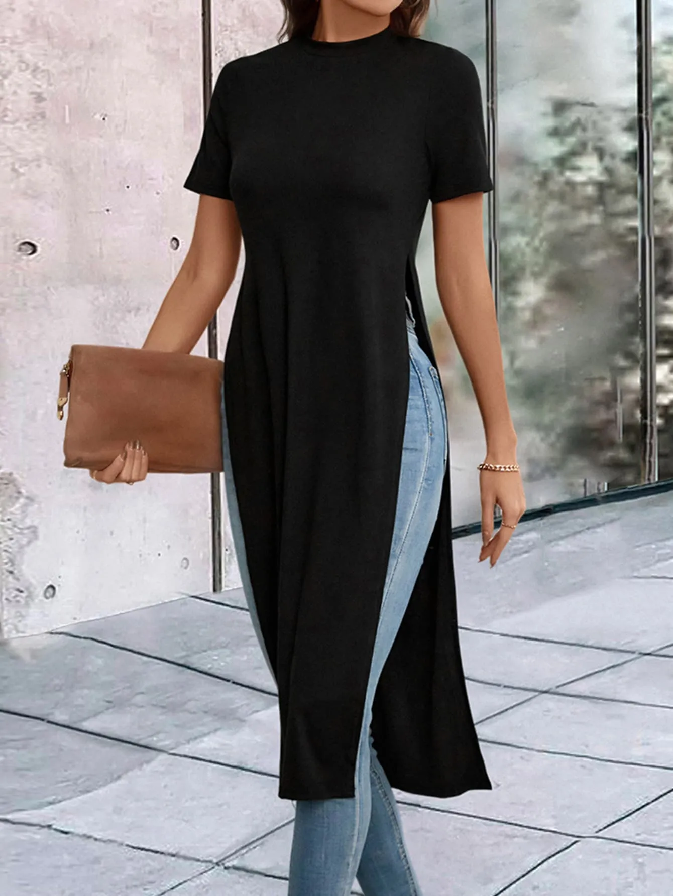 Solid Split Thigh Longline Tee
