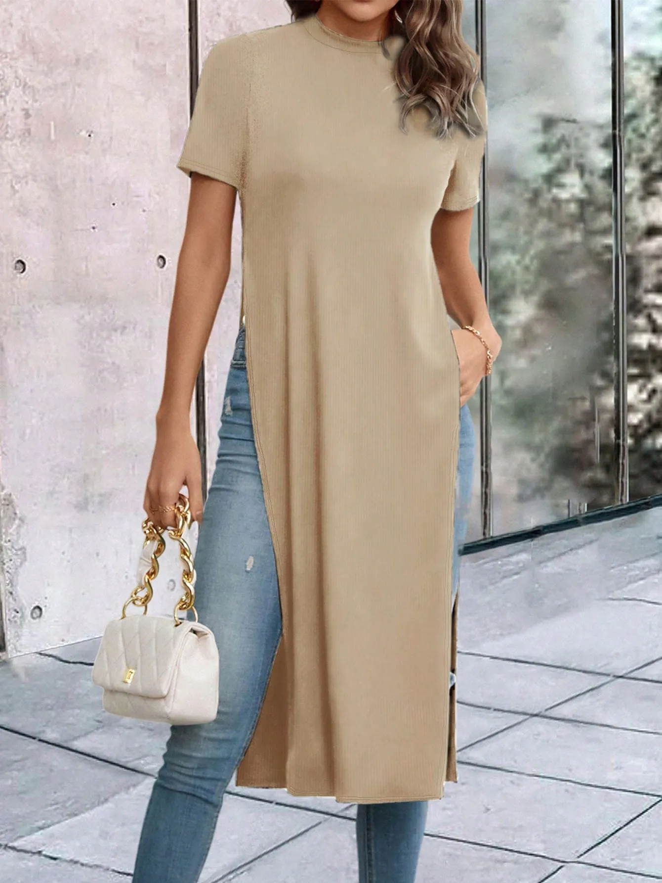 Solid Split Thigh Longline Tee