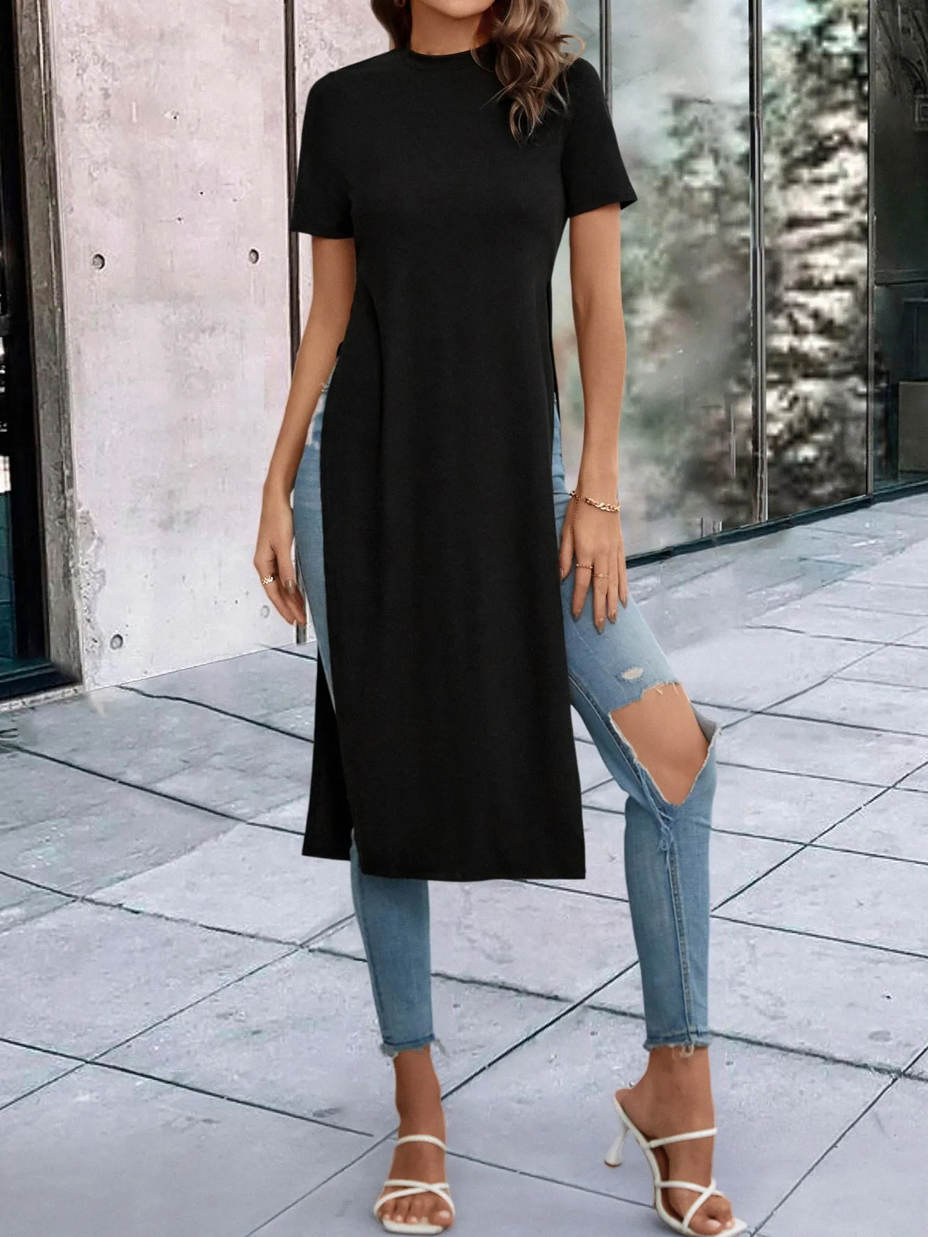 Solid Split Thigh Longline Tee