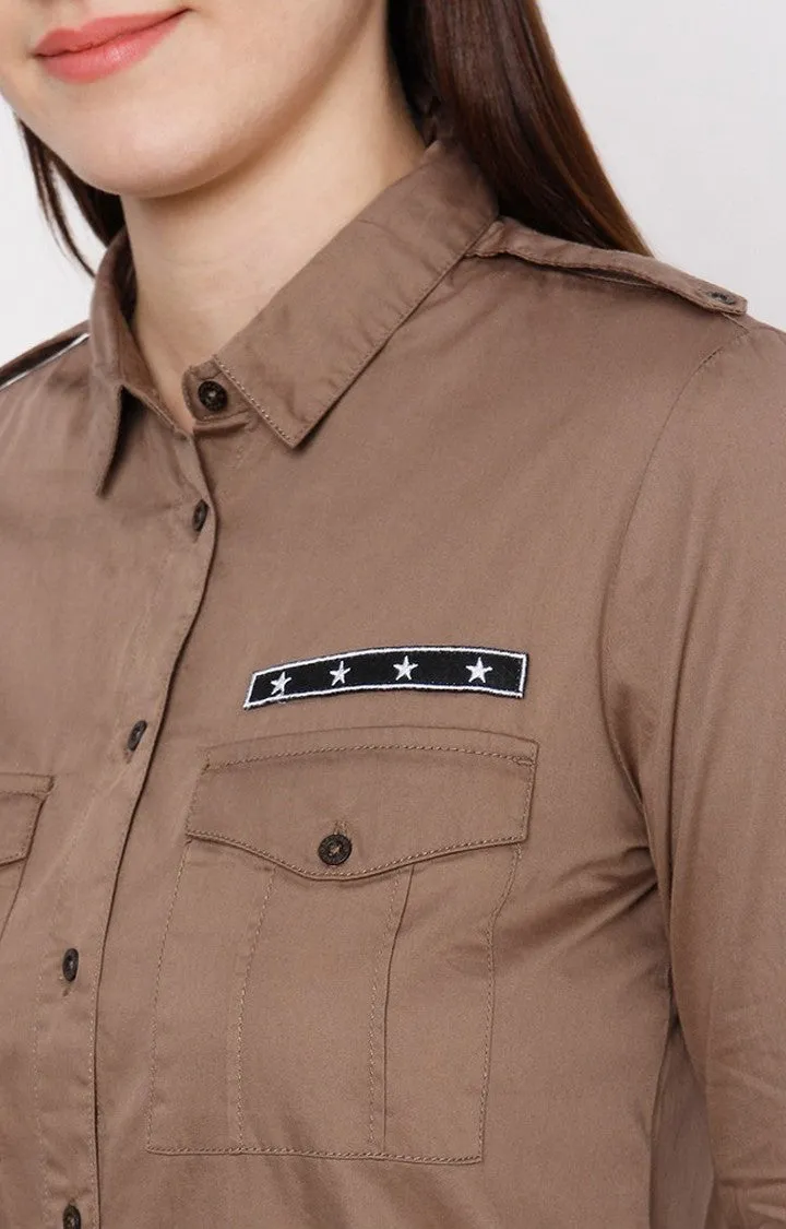 Spykar Brown Cotton Regular Fit Shirts For Women