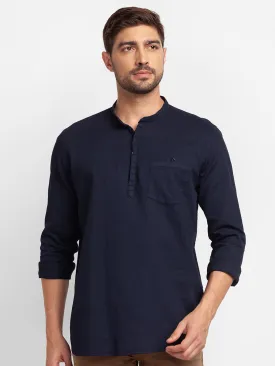 Spykar Navy Blue Cotton Full Sleeve Plain Shirt Kurta For Men