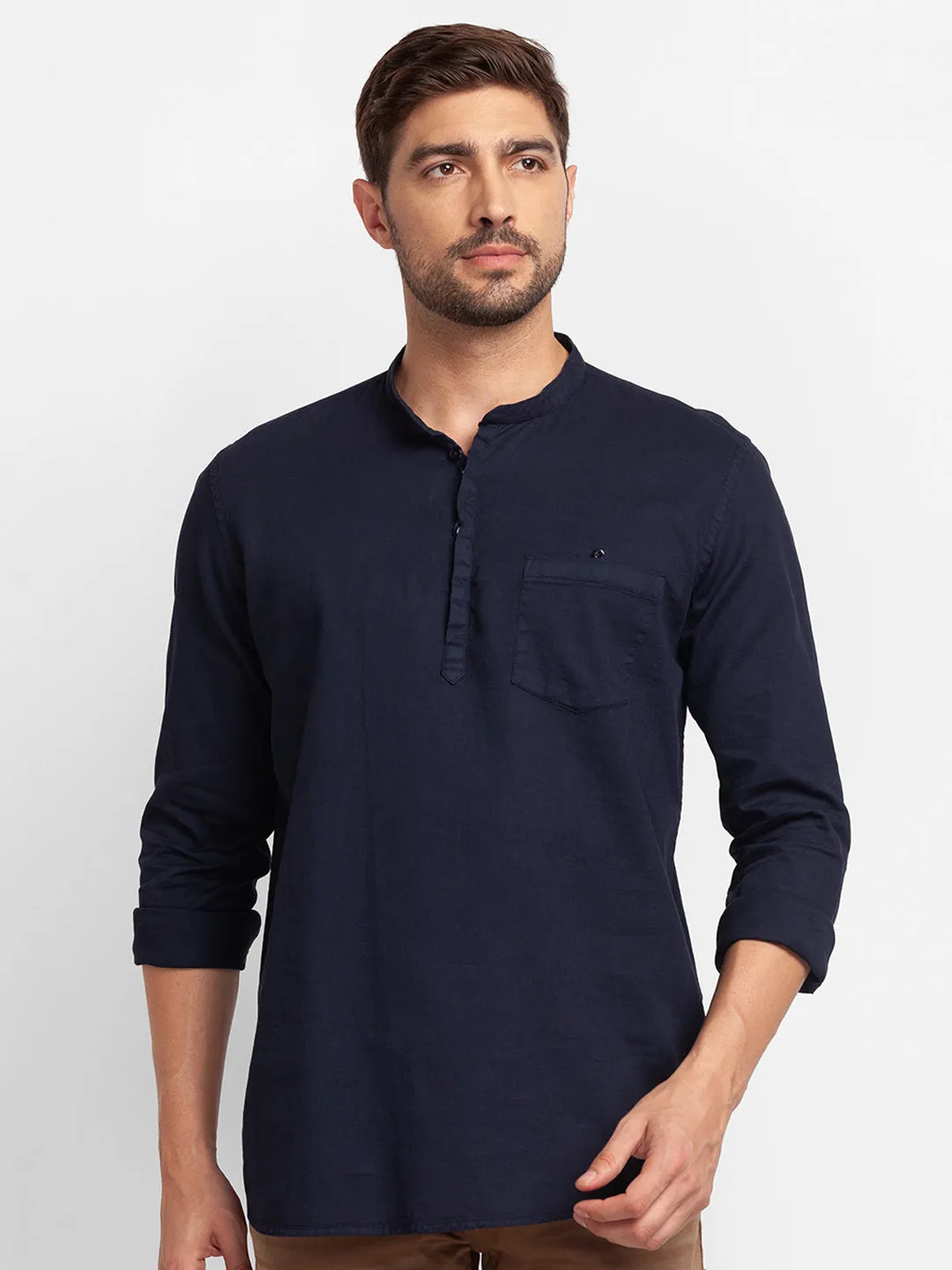 Spykar Navy Blue Cotton Full Sleeve Plain Shirt Kurta For Men