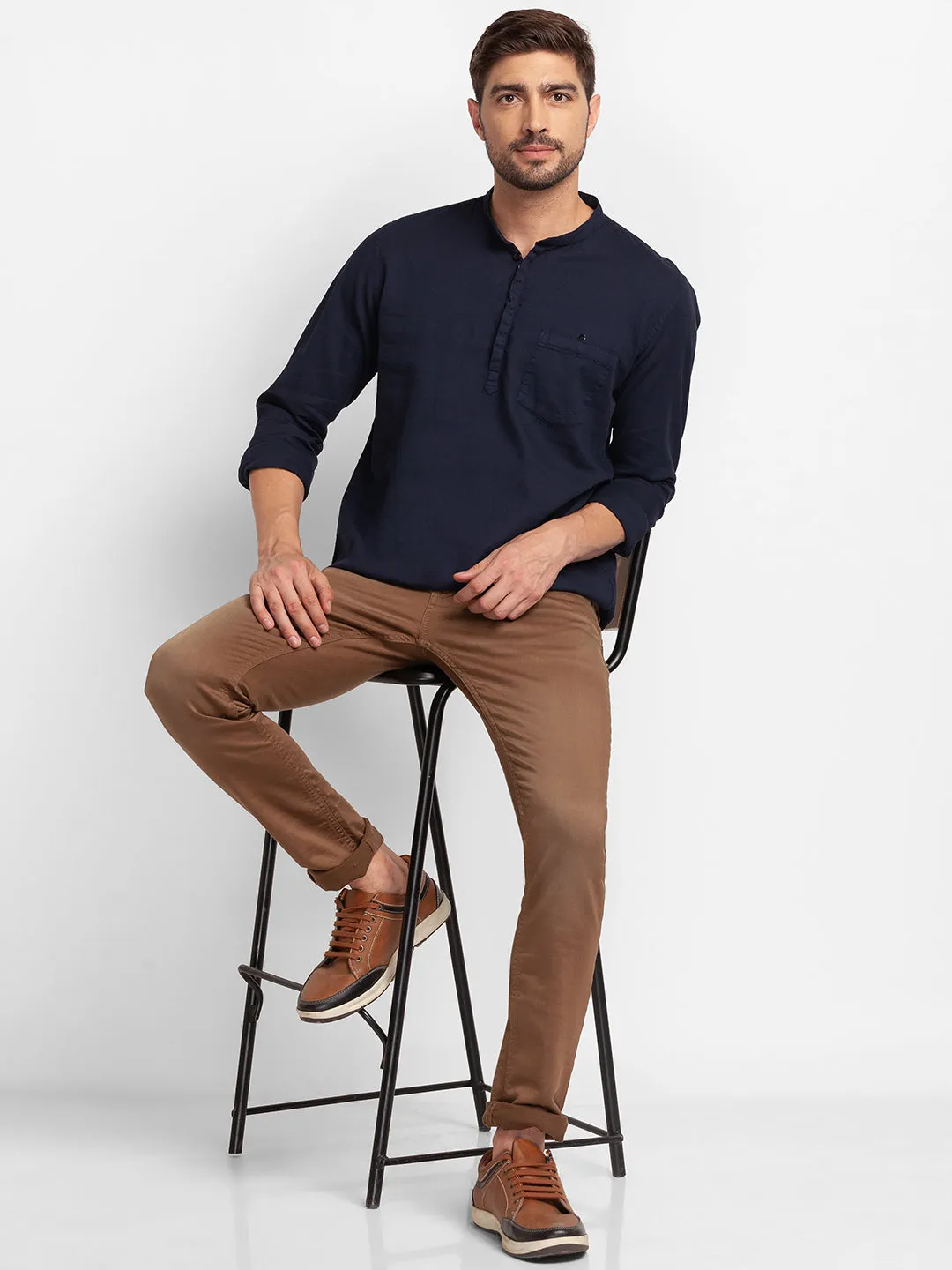 Spykar Navy Blue Cotton Full Sleeve Plain Shirt Kurta For Men