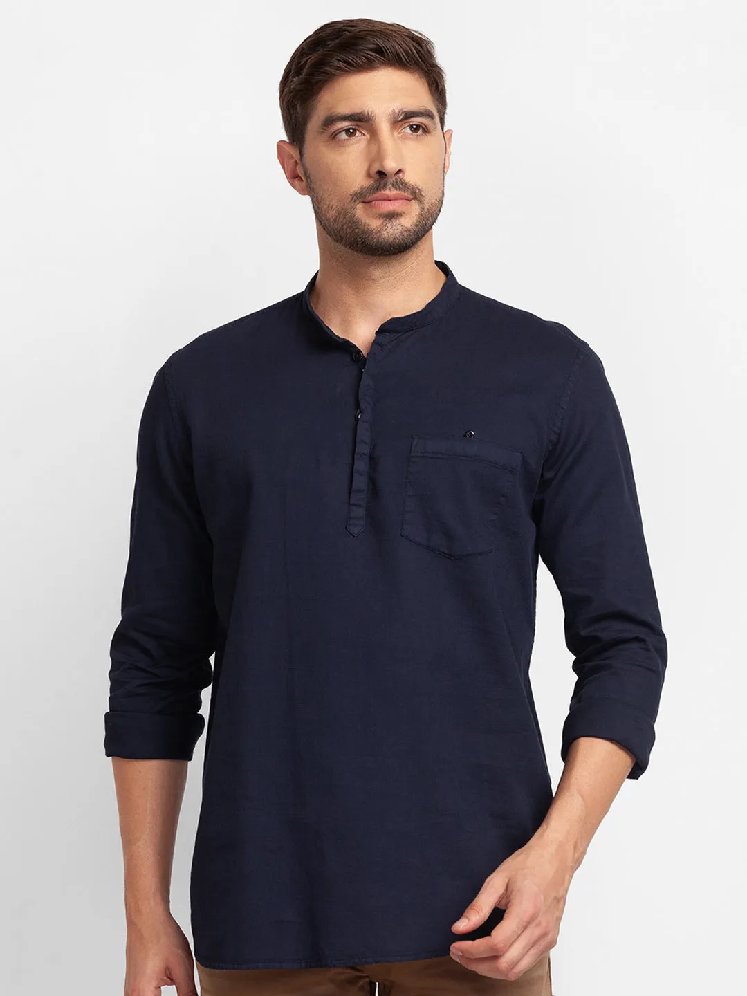 Spykar Navy Blue Cotton Full Sleeve Plain Shirt Kurta For Men