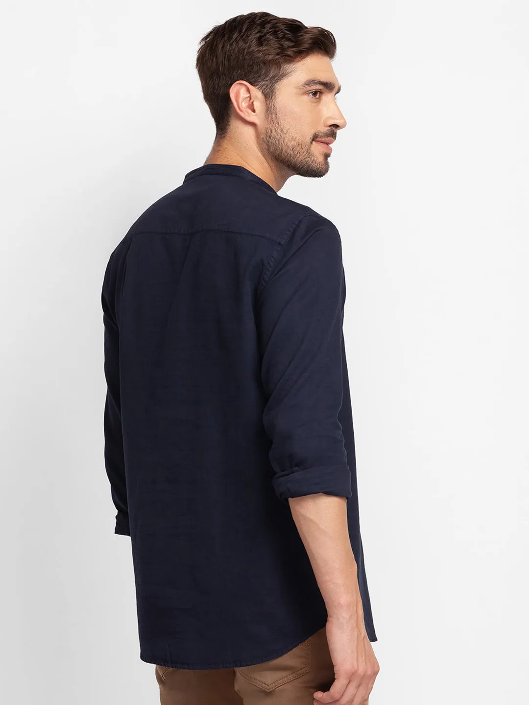 Spykar Navy Blue Cotton Full Sleeve Plain Shirt Kurta For Men
