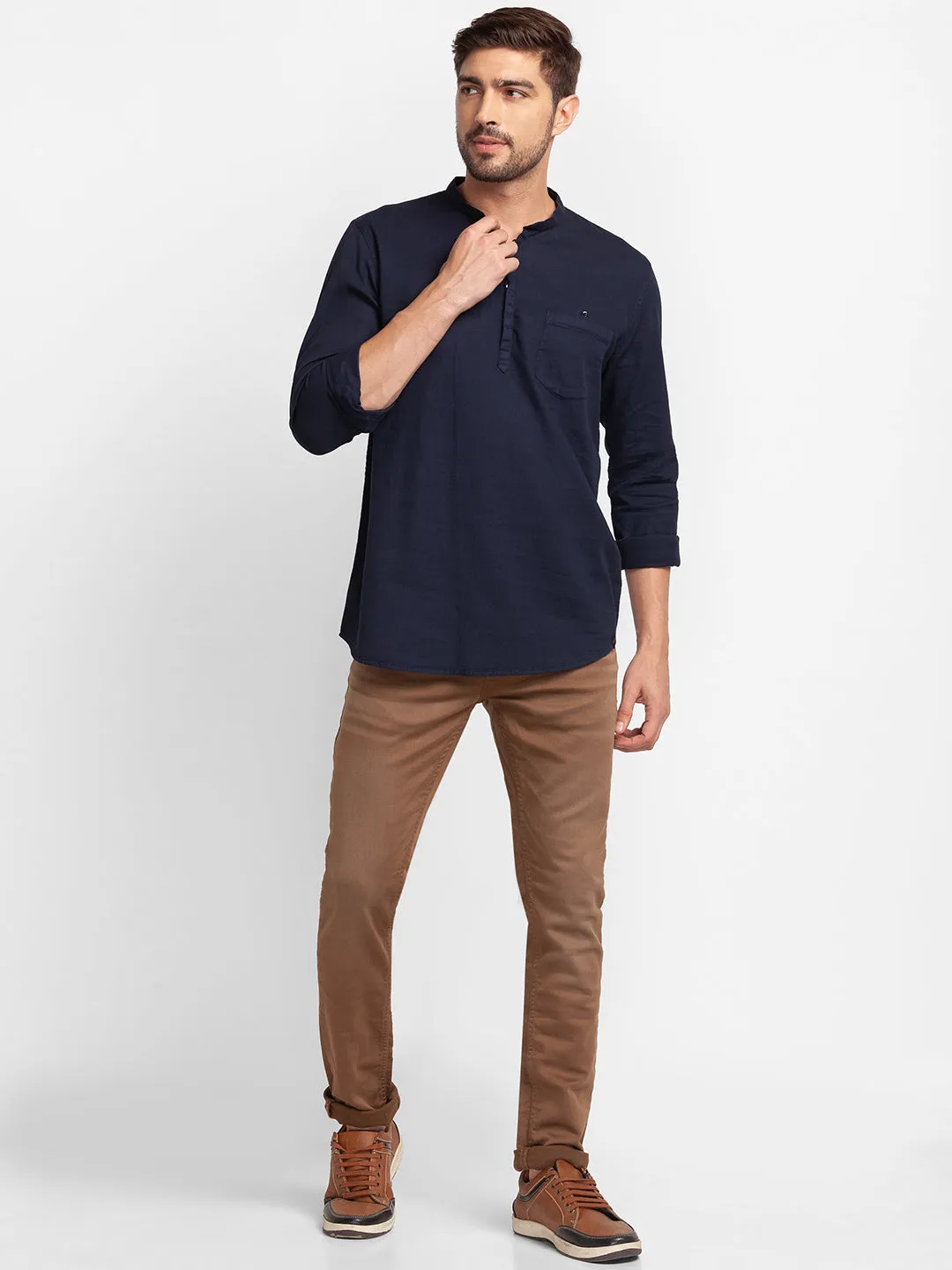 Spykar Navy Blue Cotton Full Sleeve Plain Shirt Kurta For Men