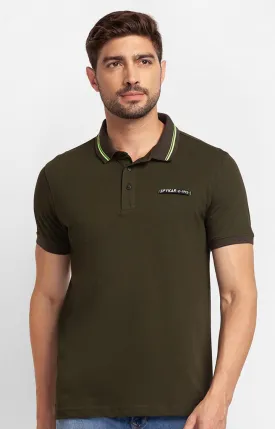Spykar Rifle Green Cotton Half Sleeve Plain Casual Polo T-Shirt For Men