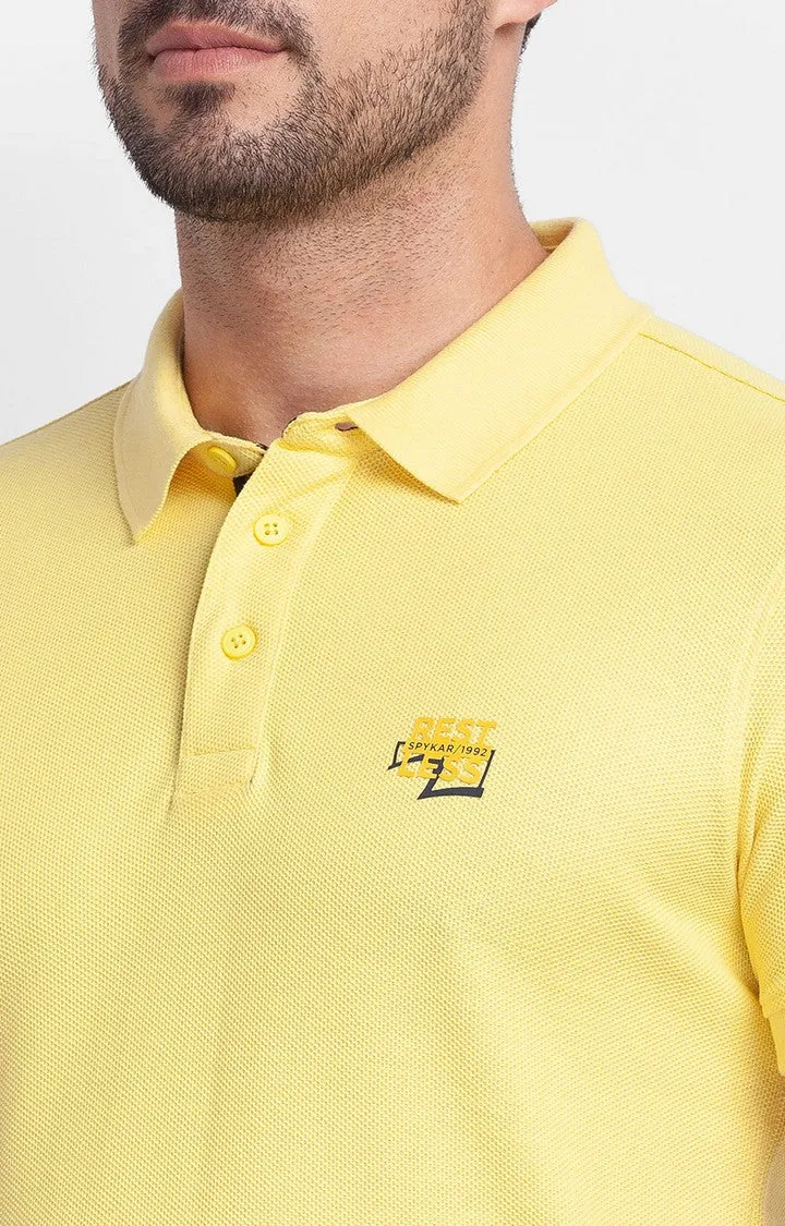 Spykar Yellow Cotton Half Sleeve Plain Casual Polo T-Shirt For Men